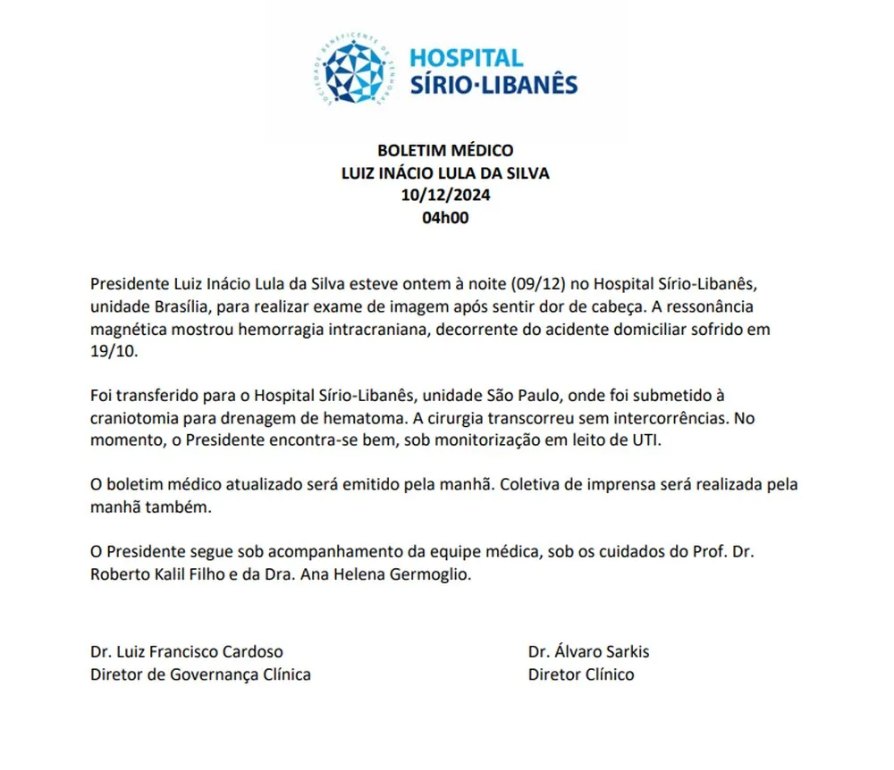 Boletim m&eacute;dico do presidente Lula &mdash; Foto: Reprodu&ccedil;&atilde;o
