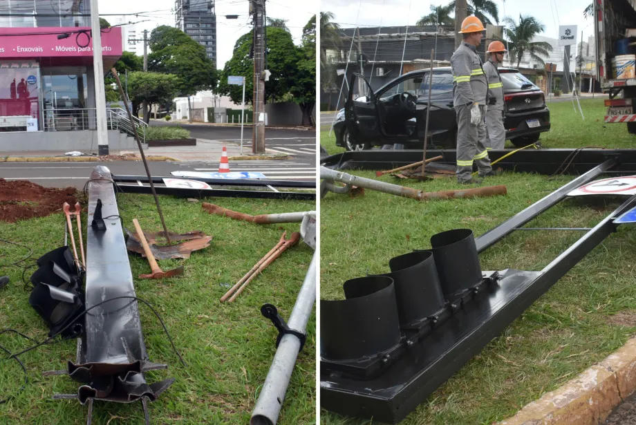 Bandido derruba semáforo em principal avenida de Campo Grande durante fuga com carro