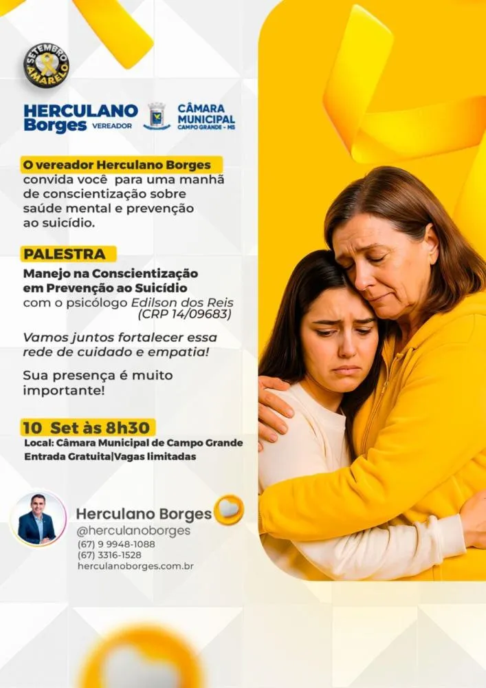 Setembro Amarelo: Vereador Herculano Borges promove palestra sobre prevenção ao suicídio na Câmara Municipal